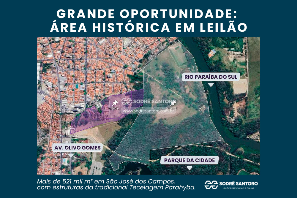 Terreno de 521 mil m² com estruturas da antiga Tecelagem Parahyba em São José dos Campos que será leiloado pela Sodré Santoro.