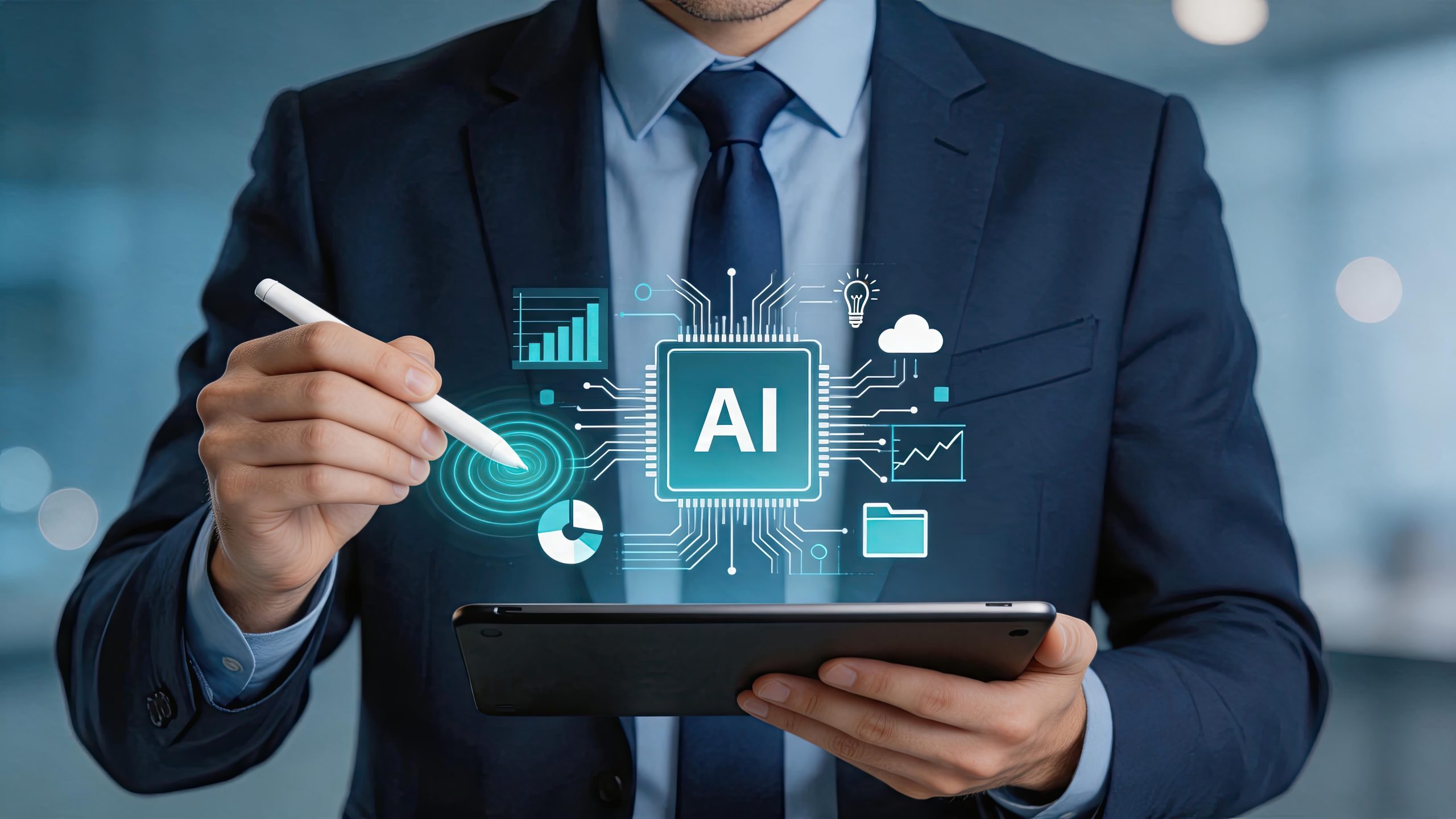 Profissional de vendas utilizando inteligência artificial e análise de dados para otimizar a prospecção B2B e a geração de leads qualificados.